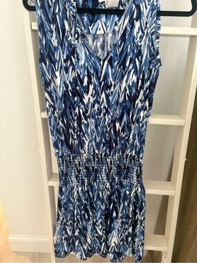 Ariella Blue White Printed Sleeveless Midi Dress with Smocked Waist